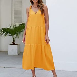 BLUEMING Spaghetti  Women Loose Summer Casual Sundress V Neck  Strap Dresses
